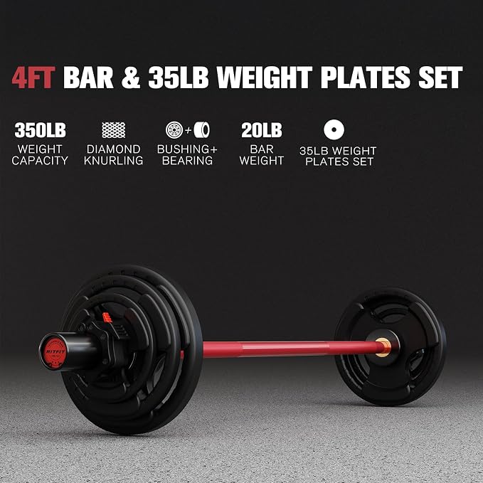 RitFit Barbell Weight Set - 4/6FT Olympic Barbell with Weight Plates (55-115LB Total) - Weightlifting Equipment for Squats, Curls, Deadlifts, Presses, Hip Thrusts