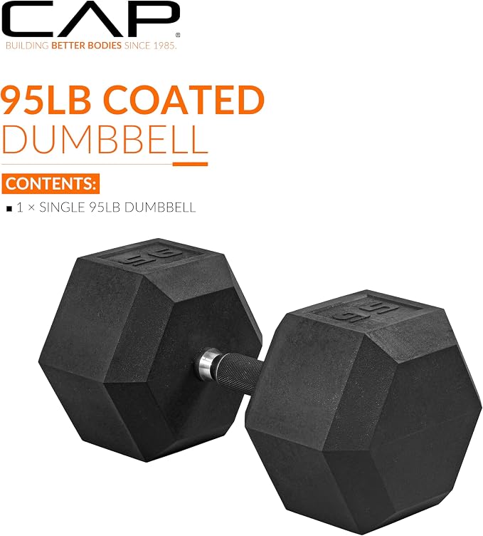 CAP Rubber Coated Dumbbell Weights, Free Weights for Home Gym Strength Training, Anti-Roll Hex Dumbbells with Black, Chrome & Comfort Grip Handles, Singles