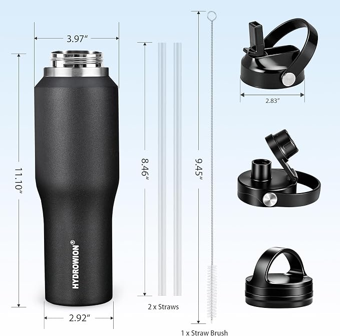HYDROWION 40 oz Insulated Water Bottle with Straw fit in Car Cup Holder(Cold 48 hrs, Hot 24 hrs) Drinking Bottle with Straw Lid, Spout Lid and Flex Cap Leakproof Travel Thermo Mug，Black
