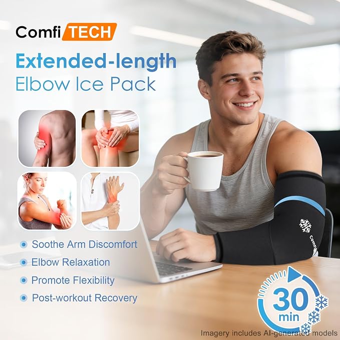 ComfiTECH Dual-Gel Full Arm Elbow Ice Pack Wrap with 30-Min Cooling, L, 2P | Detachable Cold Pack & Flexible Gel Sleeve for Volleyball, Reusable Ice Compress for Tennis Recovery, Shin Muscle Comfort