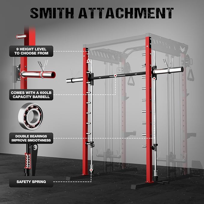 JELENS M21 Smith Machine, Multi-Function Power Cage with Dual Pulley Cable Crossover System, 2000LBS All-in-One Squat Rack with Smith Bar and Attachments for Home Gym