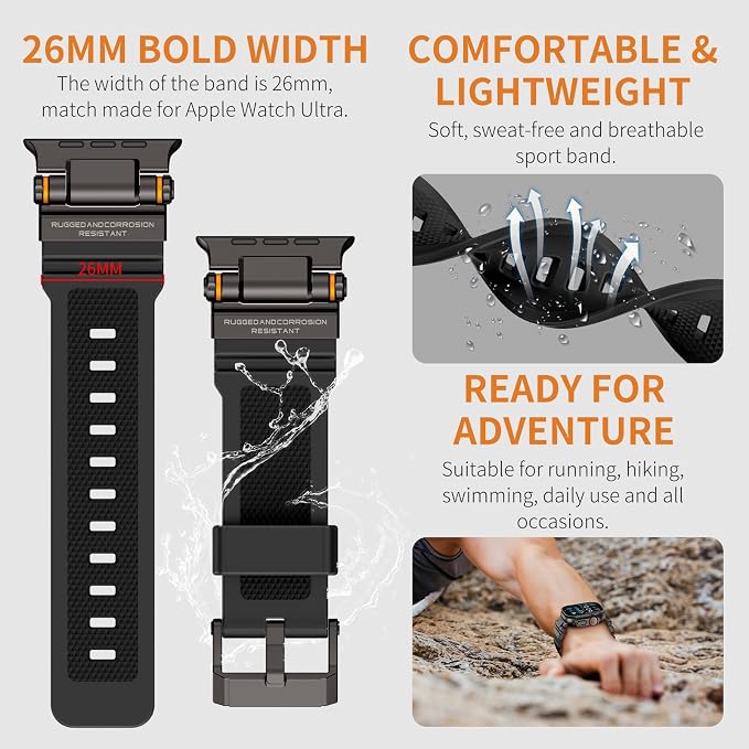 Band Compatible with Apple Watch Ultra 3/2/1 Band 49/46/45/44mm | Metal Connector with Silicone Rugged Strap for iWatch Ultra Series 11/10/9/8/7/6/SE3/SE2/SE/5/4/3/2/1, Black/Black