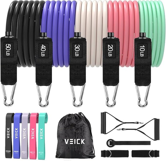 VEICK 10-150LBS Resistance Bands with Handles, Ankle Straps, Door Anchor | Accredited Lab Certified, 100% Natural Latex, Versatile for Yoga, Pilates, Strength, Home Gym