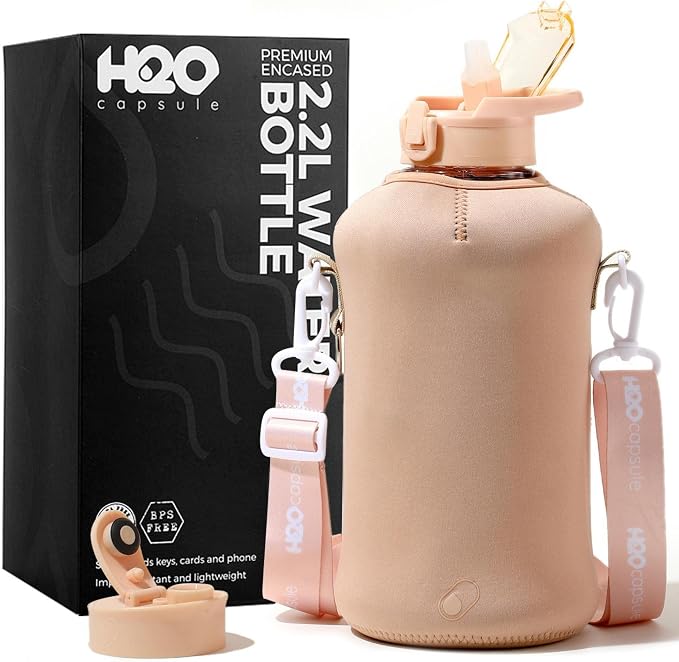 H2O Capsule 2.2L Half Gallon Water Bottle with Storage Sleeve and Covered Straw Lid – BPA Free Large Reusable Drink Container with Handle - Big Sports Jug, 2.2 Liter (74 Ounce)
