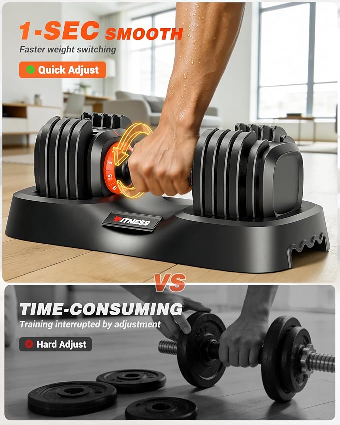 Rendpas Adjustable Dumbbell Set for Home Gym Strength Training | 25/55/80LB Pair, 10-in-1/16-in-1 Weight Set, 1-Sec Quick Adjust, Non-Slip Knurled Grip, Dual-Lock Safety, Space-Saving Tray
