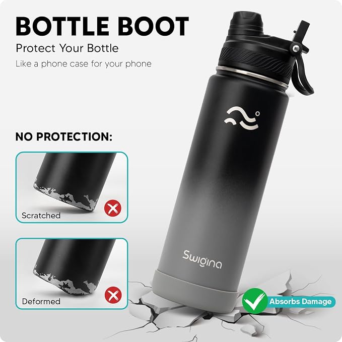 Swigina [2-IN-1 LID] Insulated Water Bottle with Silicone Boot (36hrs Cold/18hrs Hot) - DIY Stickers, Leakproof, BPA Free, 24 oz