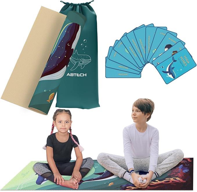 Kids Yoga Mat Set - Comfortable Dinosaur Kid Yoga Mat Boy with 12 Yoga Cards, Storage Bag, Beige Play Mat Thick for Gymnastics Mat, Exercise Mat, No-Toxic and Non-Slip for Ages 3-12