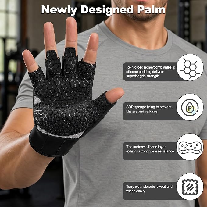Half-Finger Sports Gloves, Black. Made of Neoprene Material, Feature Honeycomb Silicone Non-Slip Design on the Palm with Wrist Support. Suitable for Gym Training, Cycling and Weightlifting