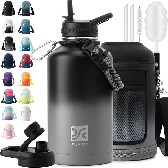 DYSANKY Insulated Water Bottle | Thickened Stainless Steel Vacuum Metal | Portable Sports Half Gallon Large Water Jug for Gym and Hiking with Straw, Carrier Bag, Handle Strap | BPA-Free 64 oz