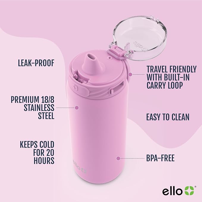 Ello Cooper 18oz Insulated Stainless Kids Water Bottle with Straw, Bubblegum