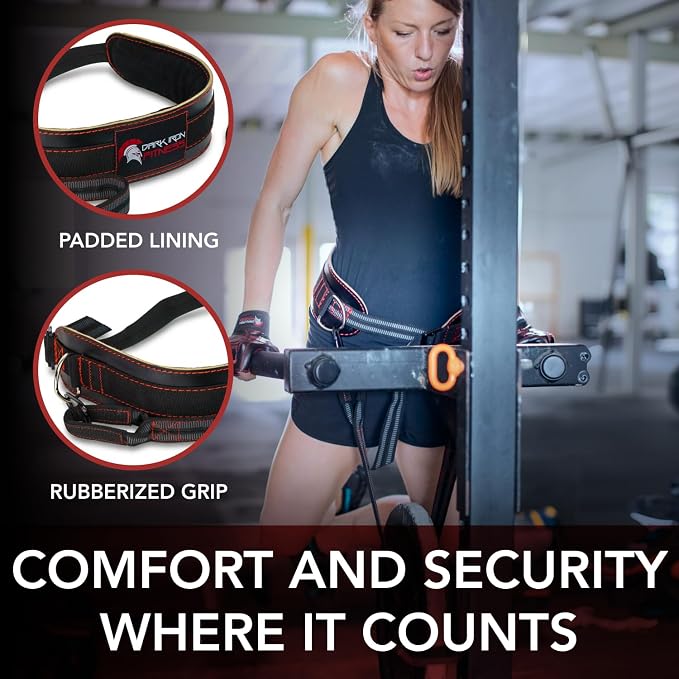 Dark Iron Fitness Dip Belt – Padded Leather Weight Lifting Belts w/ 40 Inch Strap for Squats & Pull Ups - Men & Women Weightlifting up to 270lbs