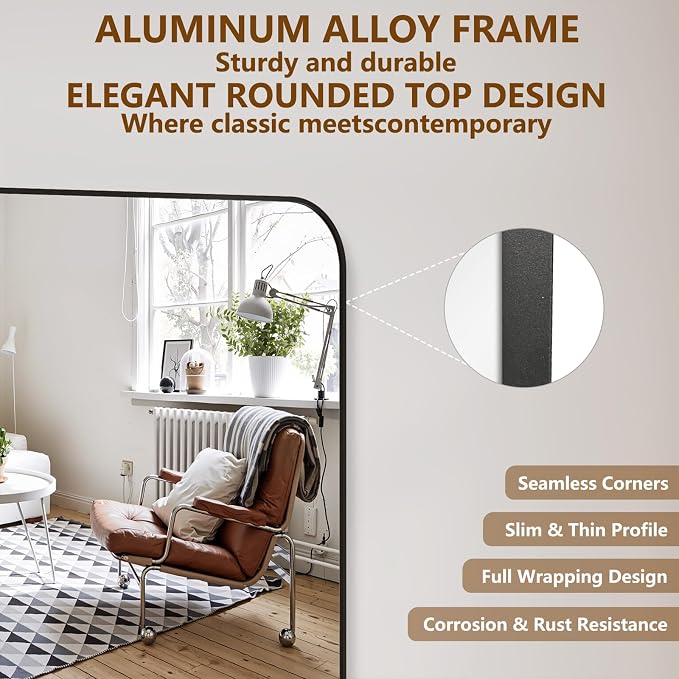 Koonmi Full Length Mirror, 78"x35" Mirror Full Length with Stand, Black Domed Top Square-Edged Floor Mirror with Aluminum Alloy Frame for Bedroom Living Room