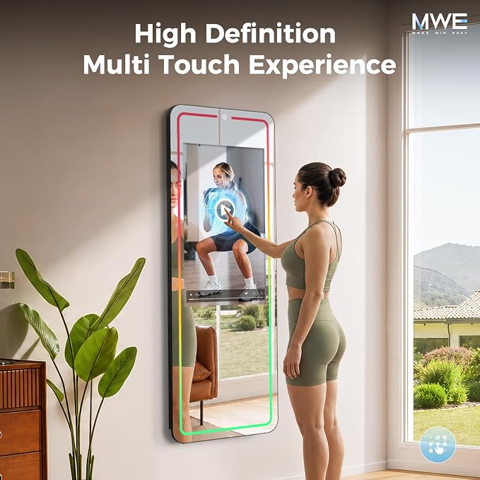 Smart Fitness Mirror, 32 Inch HD Touchscreen, 63 Inch Full-Length Workout Mirror, Android 12, RGB Music Sync, Wall Mount/Stand