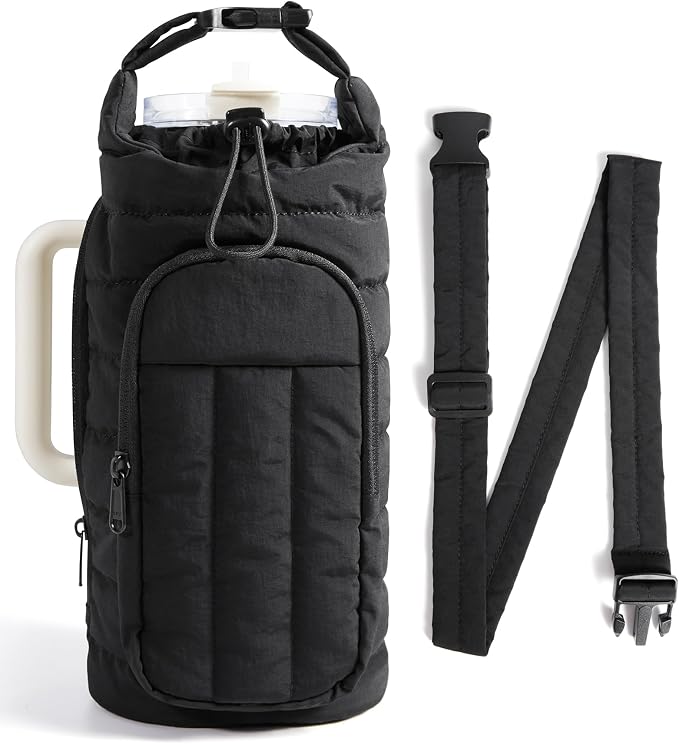 BAGSMART 40oz Water Bottle Holder with Strap, Quilted Gym Accessories | Magnetic or Classic Design, Lightweiht Tumbler Drink Carrier, Quilted Crossbody Purse