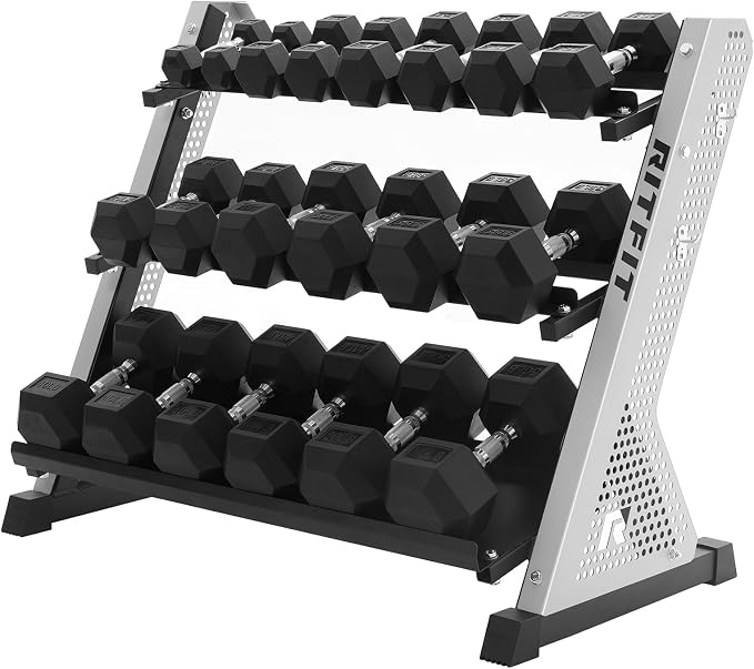 RitFit Rubber Hex Dumbbell Weight Set with 3-Tier Dumbbell Rack | Anti-Slip Knurled Chrome Handle,Cast Iron,Hexagon Anti-Roll Design,1000LB Capacity Heavy Duty Steel Rack for Home Gym