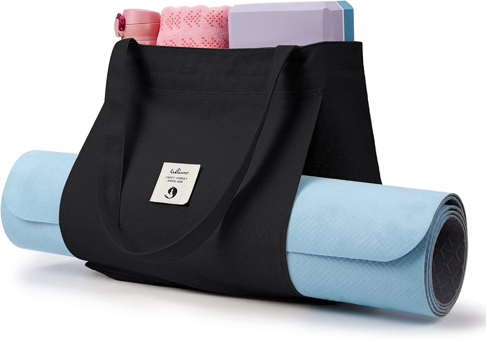 WLLWOO Yoga Mat Carrier Bag for Women Canvas Carryall Tote Gym Pilates | Large Holder Zipper Shoulder for Beach Travel Workout Fitness Office