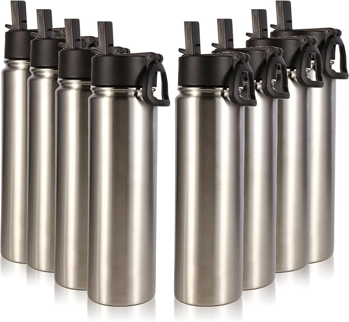 Volhoply 24oz Insulated Water Bottle With Straw Bulk 8 Pack,Metal Wide Mouth Water Bottles With Handle Lid Keep Cold,Reusable Double Wall Cups,Powder Coated Sport Bottle For Holder(silver,8 count)