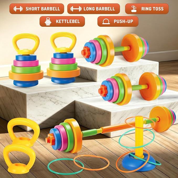 5-IN-1 Kids Weight Set, Kids Workout Equipment , Kid Exercise Equipment Toy | Adjustable Kettlebell , Barbell, Push-Up , Ring, Toddler Weights Gym Set Bench Workout Gift for Boy Girl