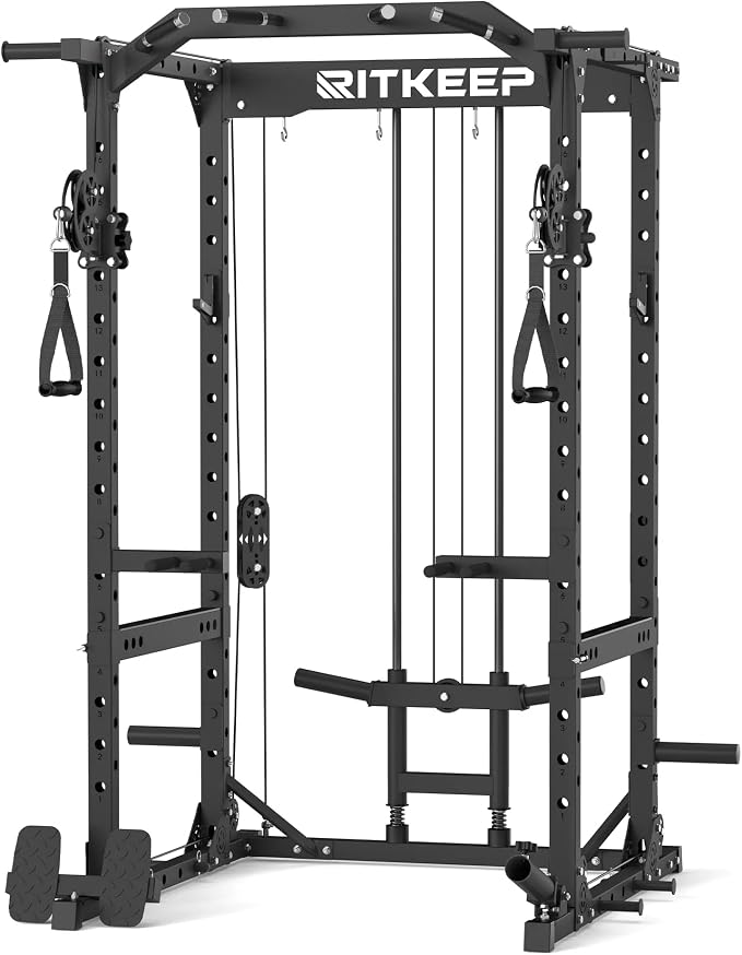 RitKeep Power Rack M10 with Pulley System & LAT Pull Down for Home Gym | Multi-Function Squat Rack with 1500LB Capacity, Pull-Up Bar & J-Hooks plus 11 Attachments for Strength Training