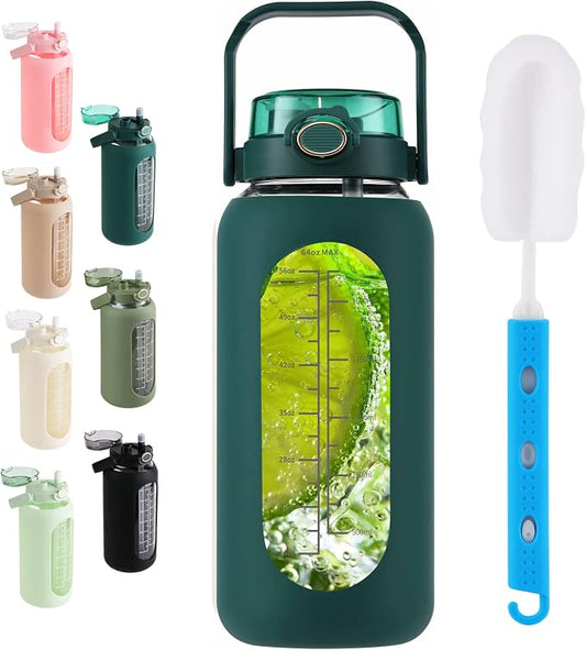 64 oz Glass Water Bottle with 2-in-1 Straw Lid Large Half Gallon Water Bottle with Time Marker & Removable Silicone Sleeve,Wide Mouth BPA-Free Borosilicate Bottle for Gym, Workout & Daily Use