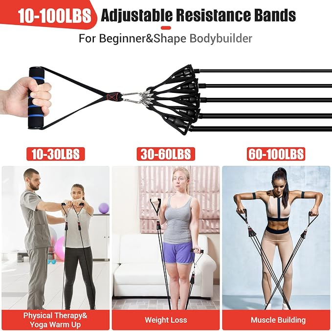 Resistance Bands with Handles for Women, 5 Level Exercise Bands | Workout Bands for Physical Therapy, Yoga, Pilates, Door Anchor, Storage Pouch, Training Poster