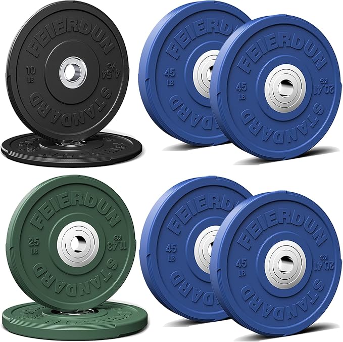 FEIERDUN Color Bumper Plate Set, 2-Inch Olympic Weight Plates, Low Bounce Rubber Barbell Plates with Stainless Steel Insert for Weightlifting, Strength Training, CrossFit & Home Gym, 10LB-370LB