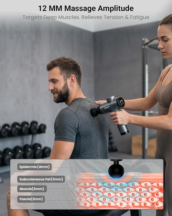 Massage Gun, Deep Tissue Percussion Massager 30 Speeds for Pain Relief | Handheld Electric Back & Neck Muscle Massager with 6 Massage Heads for Athletes, Men & Women (Gray)