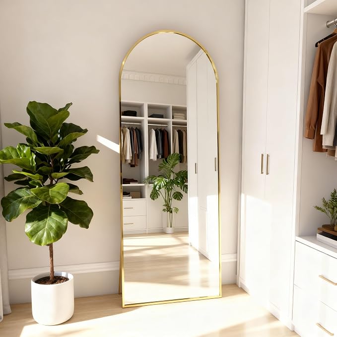 Arched Full Length Mirror 56"x15" Gold | Aluminum Frame Shatterproof Glass, Freestanding Leaning Wall Mounted Mirror for Bedroom Living Room Entryway, Modern