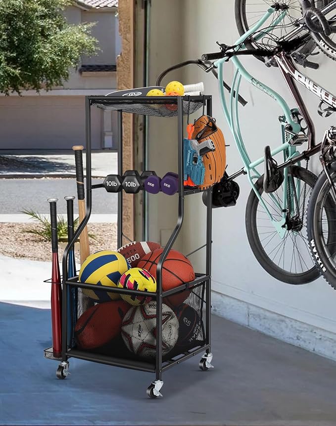 EXTCCT Sports Equipment Garage Organizer - Rolling Ball Storage with wheels, 3-Tier Sports gear Storage Rack Indoor & Outdoor Balls Cart with Hooks for Home, Garage (Black)