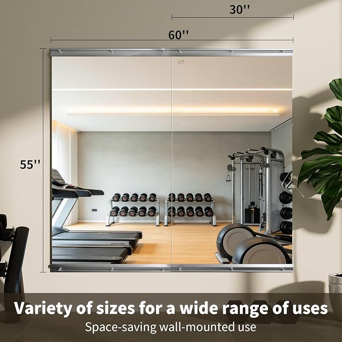 VooBang Home Gym Mirror 2 PCS 30"×55", Frameless Wall Mirror Full Length | Shatterproof Tempered Glass Large Body Mirror Hanging for Dancing Studio, Exercise, Fineness, Yoga
