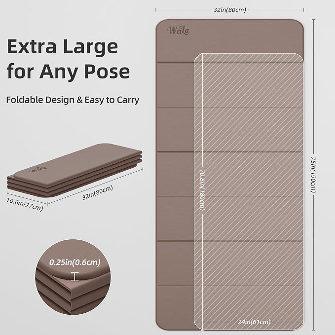 Foldable Yoga Excercise Mat 71"L x 24"W, Odourless Light Weight POE Mat For Home Fitness and Gym Workouts, 1/4 inch Non-slip design for All Types of Yoga Pilates