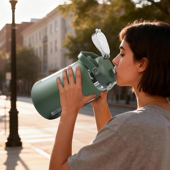 84oz Glass Water Bottle with Straw, 2.5 Liter Large Water Bottle with Silicone Sleeve and OZ Marker, Wide Mouth Gallon Glass Bottle with 2-in-1 Lid, Leakproof Water Jug for Gym Home, Olive