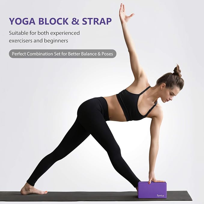 Syntus Yoga Block and Yoga Strap Set, Soft Non-Slip Yoga Blocks 9×6×4 inches, 8FT Metal D-Ring Strap for Yoga, General Fitness, Pilates, Stretching and Toning
