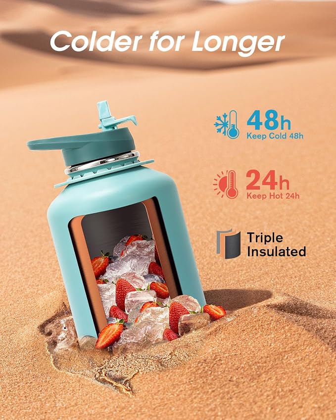 Coolflask Insulated Water Bottle 64 oz with Straw, Half Gallon Large Water Jug with Straw & Spout Lids, Vacuum Stainless Steel Metal Flask, Keep Cold 48h Hot 24h, Leak Proof & Non-BPA, Agate Green | 64 oz Large Water Jug with Straw & Spout Lids,Triple-...