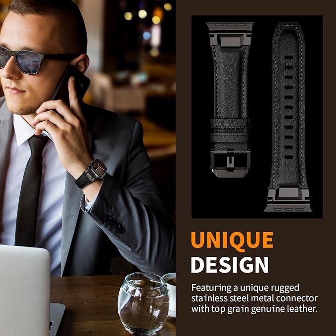 Bands Compatible with Apple Watch Ultra 3/2/1 Band 49/46/45/44mm | Genuine Leather Metal Connector Strap for iWatch Ultra Series 11/10/9/8/7/SE/6/5/4/3/2/1, Black/Black