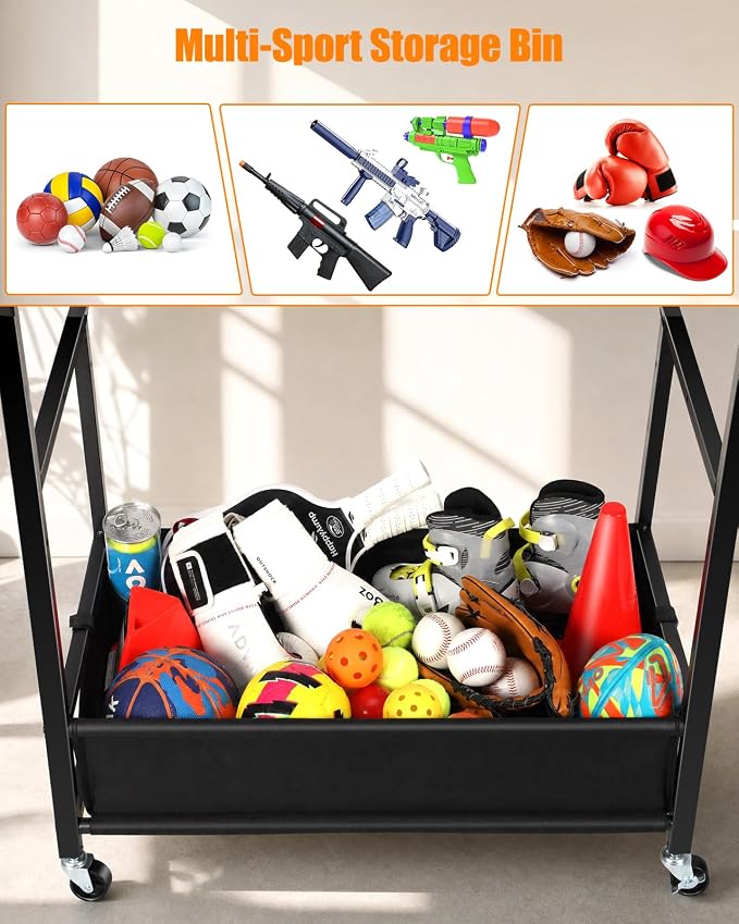 EXTCCT Basketball Rack, Rolling Basketball Shooting Training Stand,Sports Equipment Storage with Wheels, Four-Layer Organizer Holder with Two Basket for Basketballs Footballs Volleyball