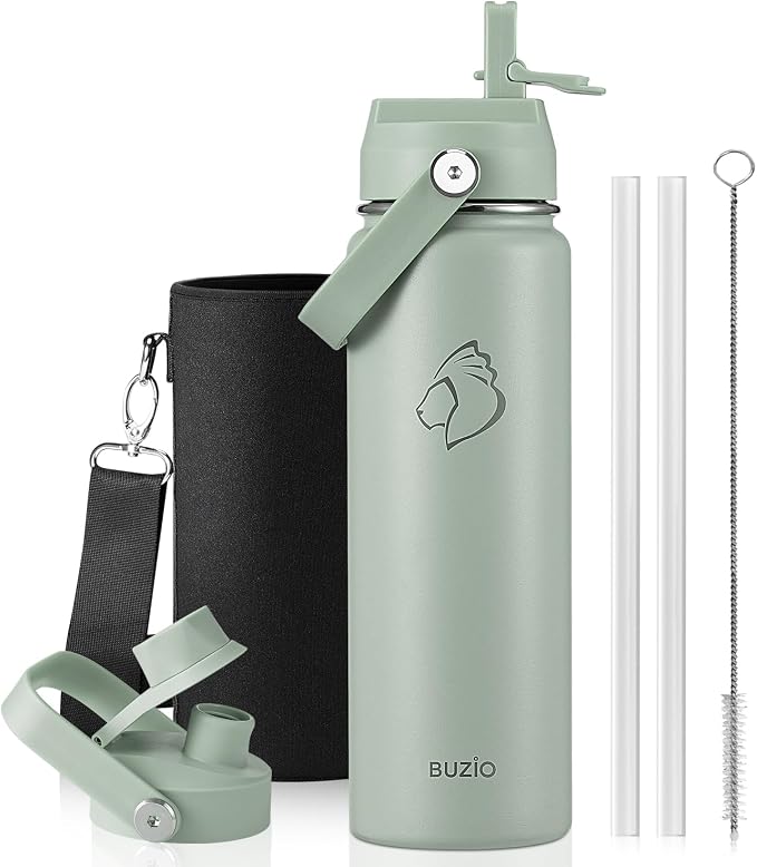 BUZIO 24 oz Insulated Stainless Steel Water Bottle with Straw & Spout Lids | Triple Wall Insulated Tumbler (Dishwasher Safe) ,Cold for 48 Hrs, Wide Mouth, Leakproof, BPA-free, for Sports, Gym, School