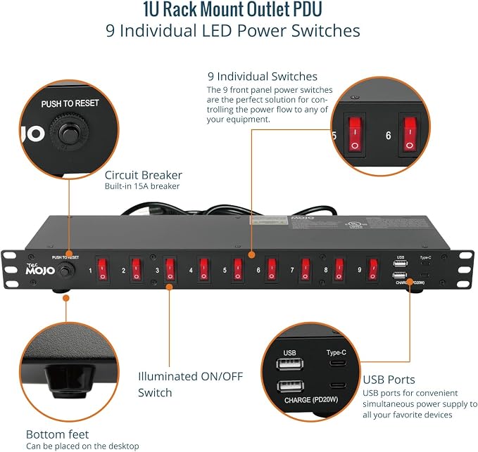 Tecmojo 9-Outlet Rack Mount PDU,1U Horizontal PDU Individual Switch 6ft Cord, with 2USB and 2 Type-C,for IT and Network Racks and Cabinets