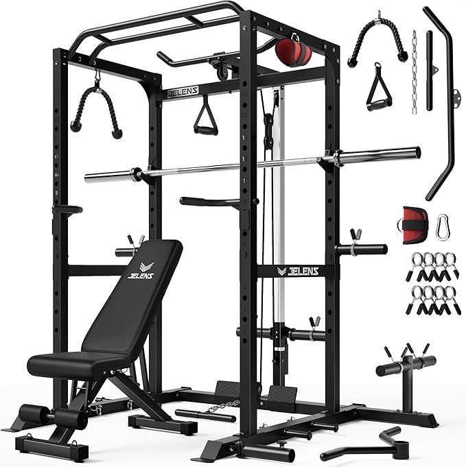 JELENS S21 Power Cage, Multi-Function Power Rack with Adjustable Cable Crossover System, 2000LBS Squat Rack for Home Gym with More Training Attachments