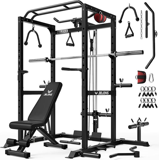 JELENS S21 Power Cage, Multi-Function Power Rack with Adjustable Cable Crossover System, 2000LBS Squat Rack for Home Gym with More Training Attachments