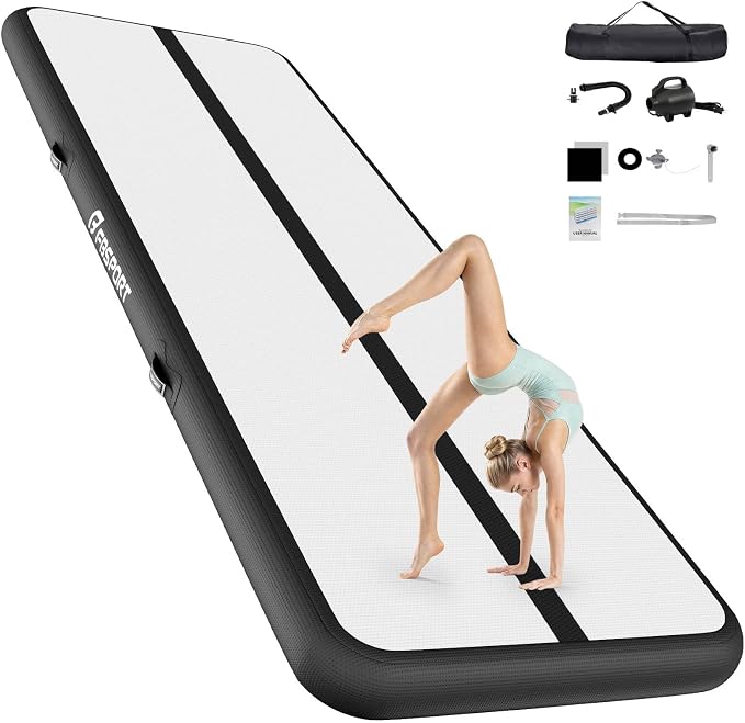 FBSPORT 6.6ft/10ft/13ft/16ft/20ft Inflatable Air Gymnastics Training Mat | 4/6/8 inches Thickness Inflatable Mat, with Electric Pump, Suitable for Home Training/Cheerleading/Yoga/Water