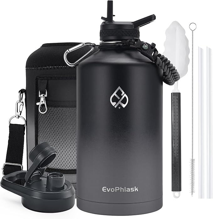 1 Gallon Water Bottle Insulated with Carrier Bag, Black/Gray | Stainless Steel, Vacuum Insulated Keep Cold 48 Hrs, 128 oz Large Gallon Water Jug, For Travel, Sport, Gym, Hiking