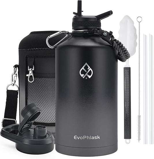 1 Gallon Water Bottle Insulated with Carrier Bag, Black/Gray | Stainless Steel, Vacuum Insulated Keep Cold 48 Hrs, 128 oz Large Gallon Water Jug, For Travel, Sport, Gym, Hiking