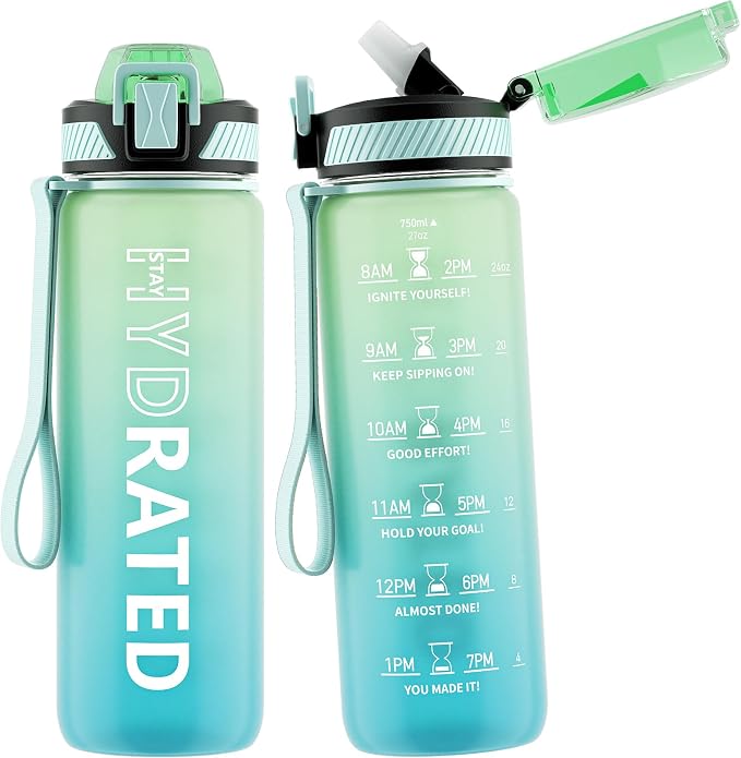 QLUR Water Bottle with Straw, 27oz Motivational Water Bottles with Time Marker to Drink, Tritan BPA Free, 750ml Sports Water Bottle with Carry Strap LeakProof for School Fitness Outdoor (1Pack)