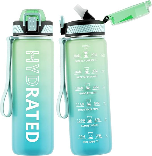 QLUR Water Bottle with Straw, 27oz Motivational Water Bottles with Time Marker to Drink, Tritan BPA Free, 750ml Sports Water Bottle with Carry Strap LeakProof for School Fitness Outdoor (1Pack)