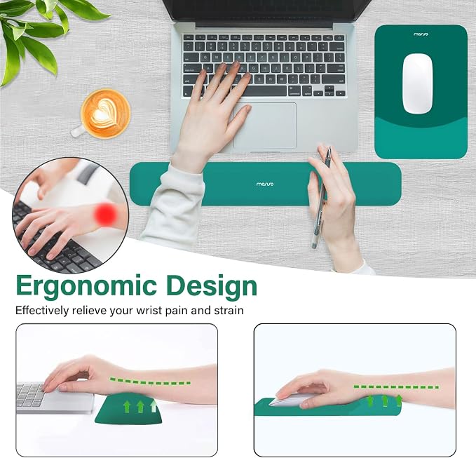 MOSISO Wrist Rest Support Mouse Pad & Keyboard Set, Teal Green | Rectangular Ergonomic Mousepad, Non-Slip Base, Home/Office Pain Relief & Easy Typing, Neoprene Cloth & Raised Silicone Lining