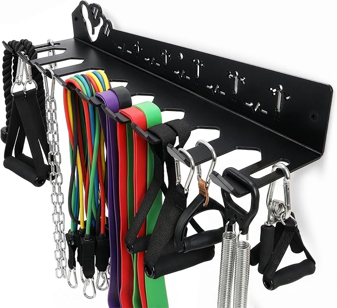 DEAYOU Home Gym Storage Rack Wall Mount, 9 Hook Gym Accessories Organization, Multi-Purpose Gym Equipment Hanger for Barbells, Resistance Bands, Jump Ropes, Lifting Belt, Row Handles, 16.5"