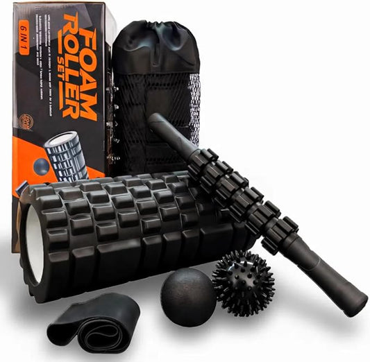 Aucuu 6 in 1 Foam Roller Set Includes Hollow Core Massage Roller, Yoga Stick, Massage Ball, Fitness Stretching Strap, Carrying Bag, Towel, Massage Roller (Black)