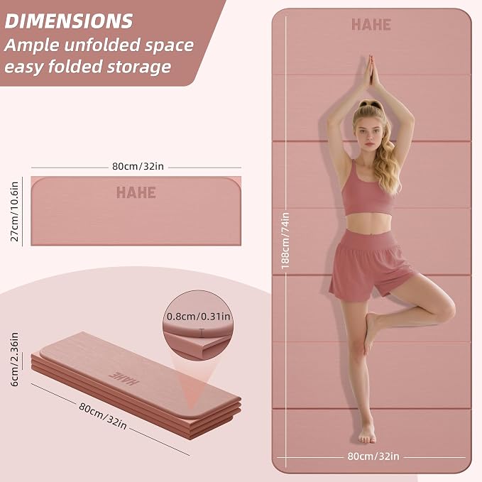 HAHE Foldable Yoga Mat 74"Lx32"Wx1/3"Thick, Folding Exercise Mats | Non-slip Wide Pilates Mats for Home Workout/Travel, Portable Yoga Mat Thick for Yoga/Pilates/Camping/Floor Exercises
