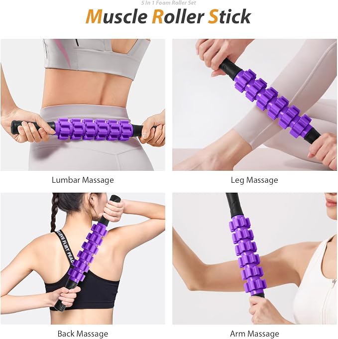 SUBCULTUREPICK 5 in 1 Foam Roller Set for Deep Tissue Muscle Massage | High Density Trigger Point Fitness Patented Exercise Roller, Muscle Stick, Massage Ball, Stretching Strap, for Whole Body